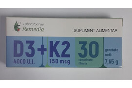 Vitamina D3 4000 + K2 150mg, 30 Comprimate, Remedia
