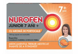 Nurofen Junior 7 ani+ aroma portocale 100 mg, 24 capsule moi masticabile, Reckitt Benckiser