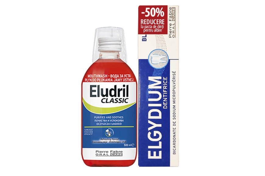 Pachet Apa de gura, 500 ml, Eludril Classic + Pasta pentru albirea dintilor, 75 ml, Elgydium