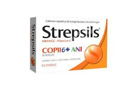 Strepsils Orange Vit C Copii 6+ ani, 12 comprimate, Reckitt  Benckiser Healthcare