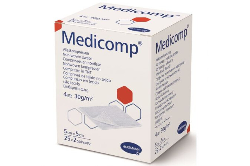 Comprese extra absorbante din material netesut Medicomp Extra, 5 cm x 5 cm, 25 bucati, Hartmann