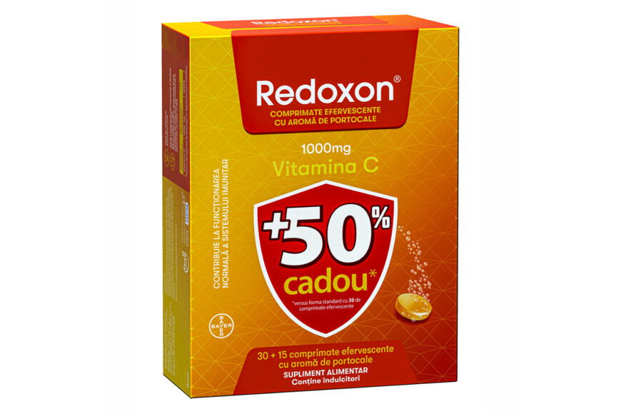 Redoxon cu vitamina C, 1000 mg, pachet 30+15 comprimate efervescente, Portocale, Bayer