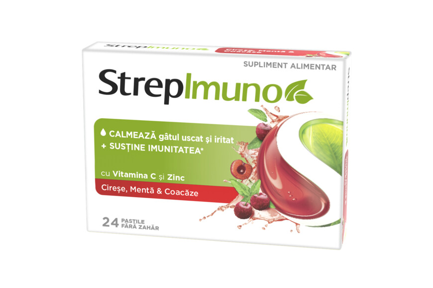 Strepimuno cu cirese, menta si coacaze, 24 pastile de supt, Reckitt Benckiser