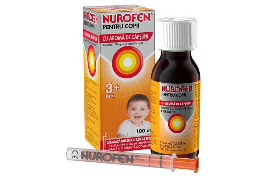 Nurofen sirop cu aroma de capsuni pentru copii 3+ luni, 100 mg/5 ml, 100 ml, Reckitt Benckiser