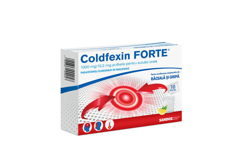 Coldfexin Forte, 1000 mg/12,2 mg pulbere, 10 plicuri, Sandoz