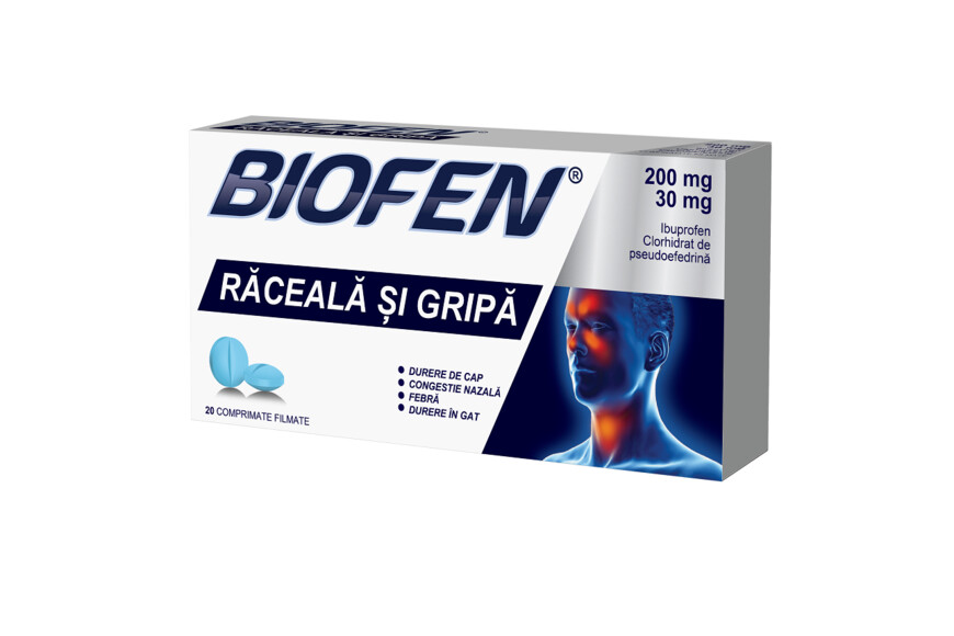 Biofen raceala si gripa, 200 mg/30 mg, 20 comprimate, Biofarm