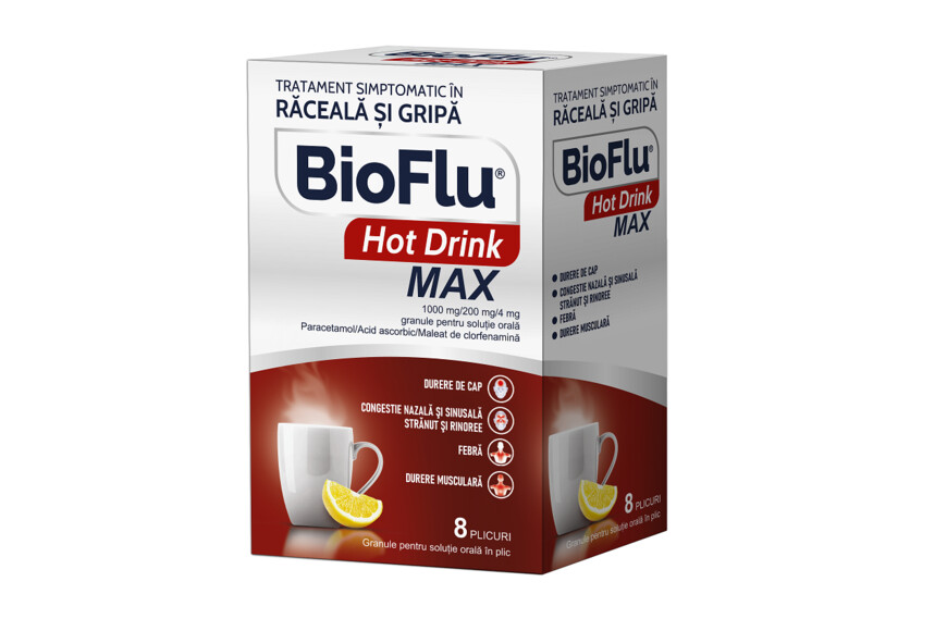 Bioflu Hot Drink Max, 1000 mg/200 mg/4 mg granule, 8 plicuri, Biofarm