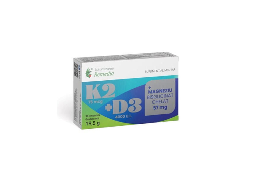 K2+D3+Magneziu bisglicinat chelat, 30 comprimate, Remedia