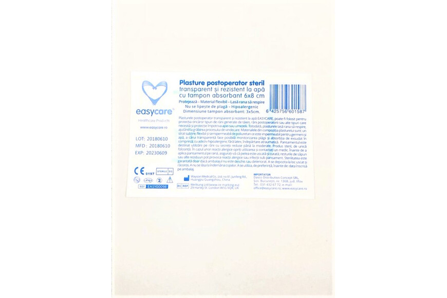 Plasture Postoperator Steril Rezistent La Apa, 1 buata, 6 X 8 Easycare