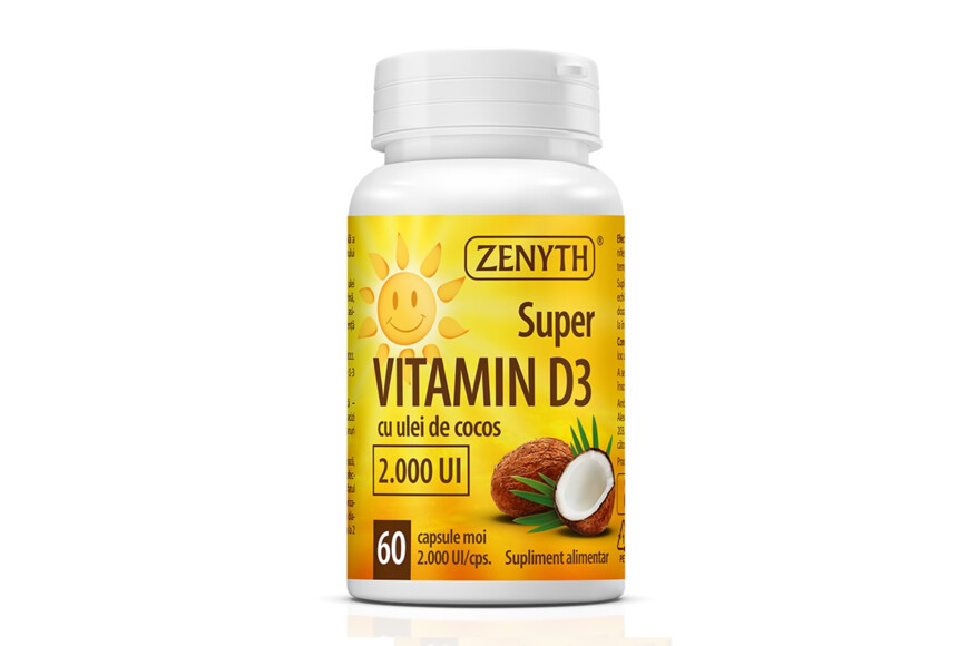Super vitamina D3 cu ulei de cocos, 2.000UI, 60 capsule, Zenyth