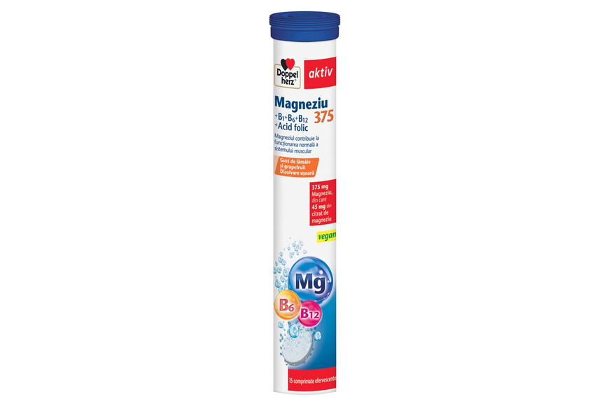 Magneziu 375+B1+B6+B12+Acid Folic, 15 comprimate efervescente, Doppelherz