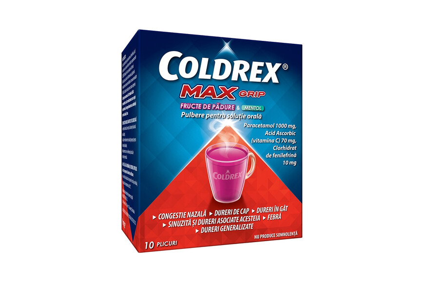 Coldrex MaxGrip cu fructe de padure si mentol, 10 plicuri, Perrigo