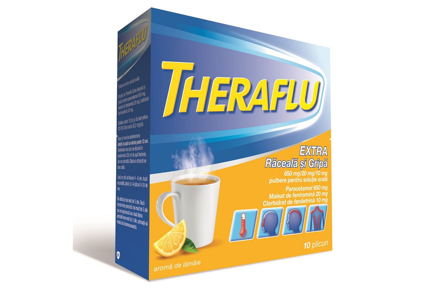 Theraflu Extra raceala si gripa, 650 mg/20 mg/10 mg, 10 plicuri, Haleon