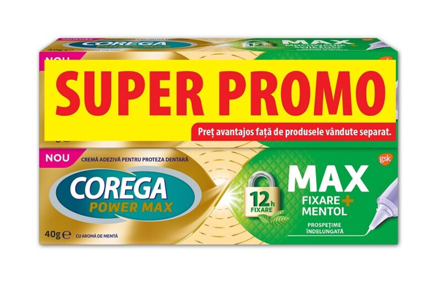 Corega Crema adeziva pentru proteza dentara Max Fixare + Mentol 40g, oferta 1+1
